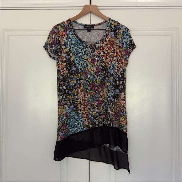 Karen Kane colorful/black and white floral top asymmetric hem tunic crew neck L - Picture 9 of 9